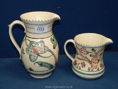 Two Honiton Devon Pottery jugs, 8'' and 5'' tall.