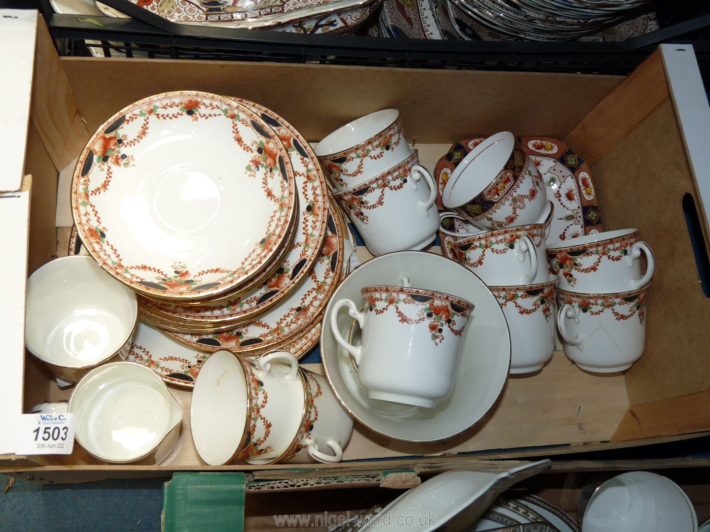 A tea service in black and amber swag detail with gold rims plus two pieces of Salisbury china.