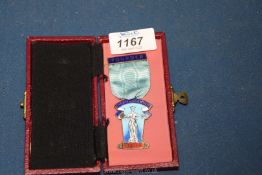 A silver and enamel Masonic medal with bar (Founder) and ribbon marked 'Themis Lodge No. 6355.