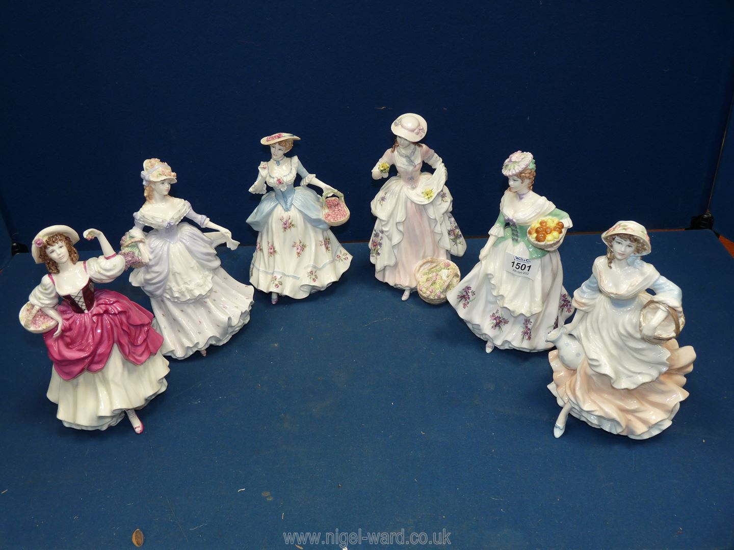 Six Coalport 'Cries of London' figurines with certificates including The Flower Seller (a/f) ,