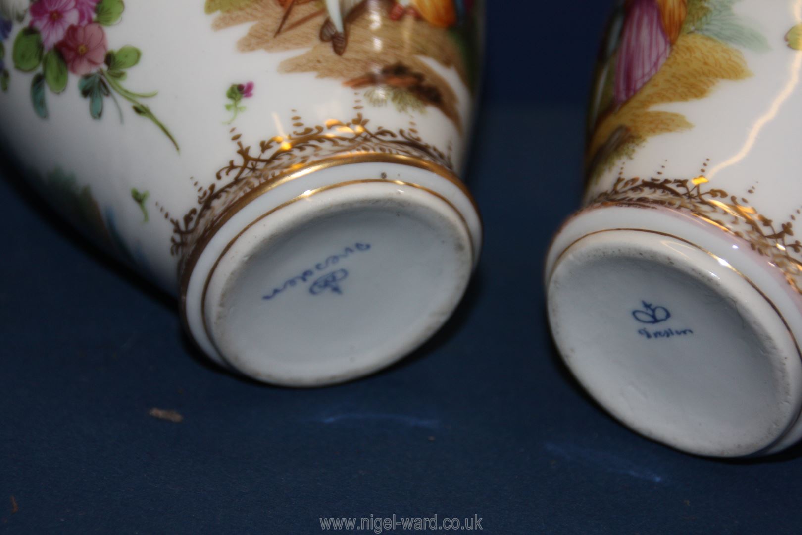 Two similar looking Dresden china vases gilded and hand painted with Victorian scenes 5 1/2" tall. - Image 3 of 3