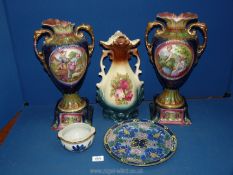 A quantity of china including a pair of Strasbourg vases (one damaged), Royal Doulton plate etc.