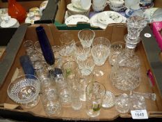 A box of mixed glass to include silver rimmed sherry glasses, water tumblers, decanter etc.