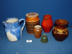 A quantity of pottery and Hornsea storage jar, red vase marked 'AS' to base, Welsh inkwell, vase ,