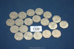 A quantity of 50p pieces, three of European hands version, dated 1973.