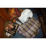 Two all wool travel Rugs in green and grey, pale blue embroidered bedspread,
