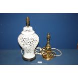 Two table lamps, one being china in the form of baluster jar with latticework detail, 17'' tall,