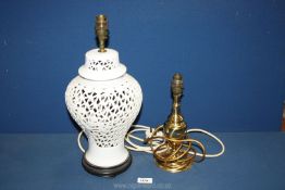 Two table lamps, one being china in the form of baluster jar with latticework detail, 17'' tall,