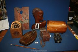 A quantity of treen to include an African head, jewellery box, Rowney's artist's palette, camera,