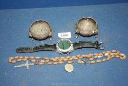 A Sunnto, made in Finland diving watch, water resistant to 100ft, wooden Rosary beads, a St.