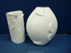 Two Kaiser German white matt Vases, one oval 12" tall and one round with floral pattern, 10 1/4".