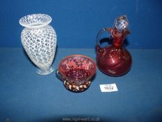 Three pieces of glass including small Cranberry decanter with stopper,