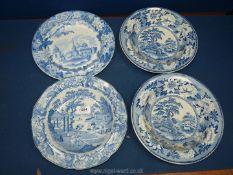 One dinner and three soup plates in blue and white china of various patterns and makers including