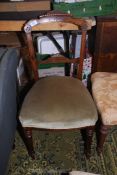 A circa 1900 Walnut framed side Chair having over-stuffed olive green fabric upholstered seat and