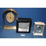 Three quartz mantle clocks, one being gilt and glass framed 9 1/4" tall,