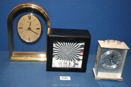 Three quartz mantle clocks, one being gilt and glass framed 9 1/4" tall,