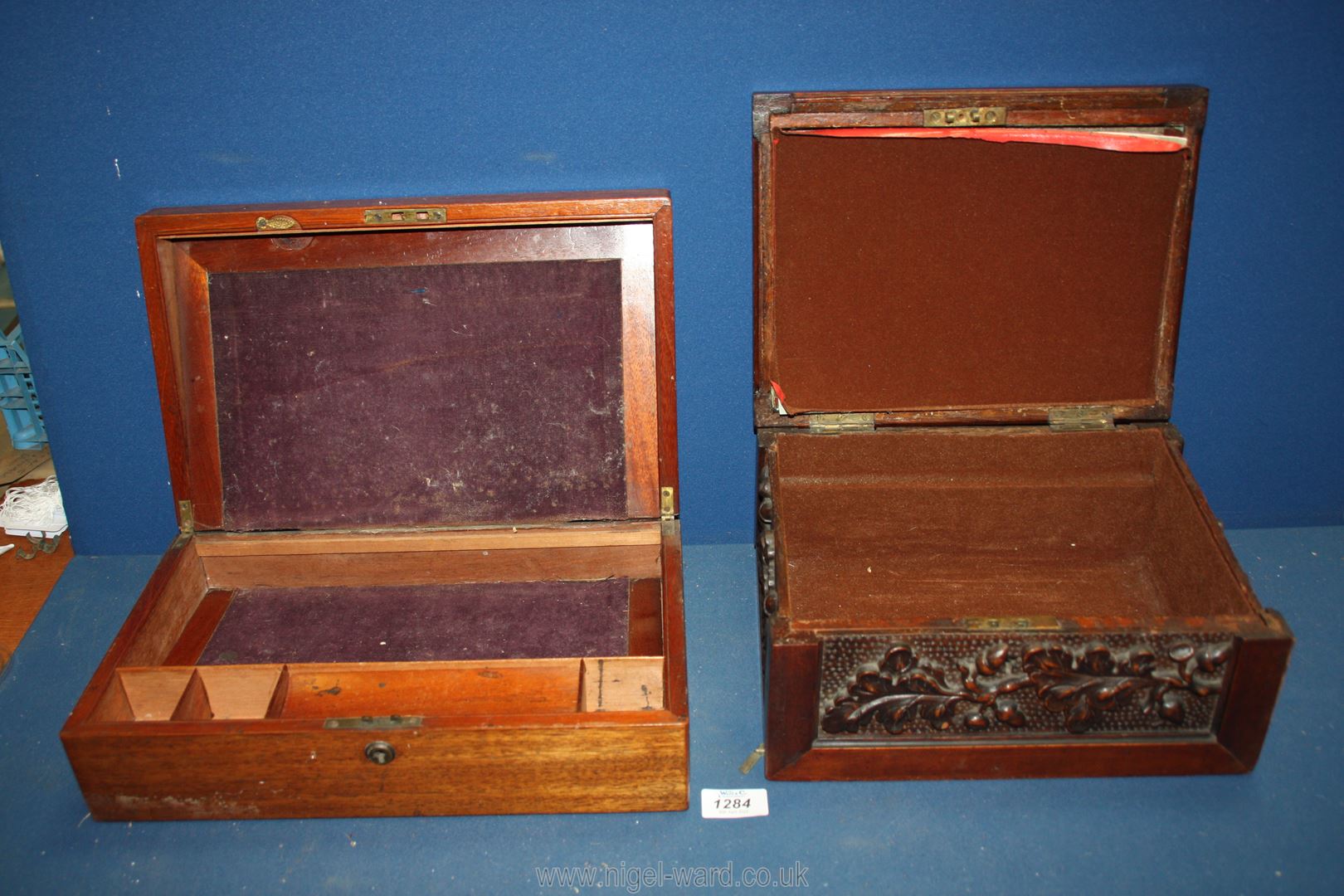 A carved wood Box with acorn detail to the panels, 11 1/2'' x 9'' x 5 1/4'' and a writing Box, - Image 2 of 2