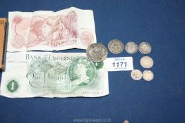 A small quantity of Victorian coins including 1884 threepenny bits,1840 four-pence, sixpences,