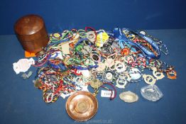 A quantity of miscellanea including metal racing tags (Goodwood etc), leather box,