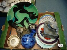 A box of pottery to include large green/black charger, blue vase, Dragon lidded pot,