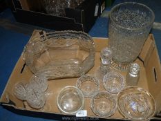 A quantity of glass including a planter, heavy cut glass vase, sundae dishes,