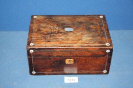 A Mahogany Box with mother of pearl and metal inlay, red felt interior (no key present),