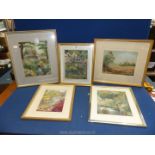 Five framed floral landscapes having a watercolour base with embroidery all signed D.E. Tharme.