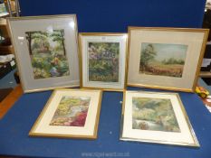 Five framed floral landscapes having a watercolour base with embroidery all signed D.E. Tharme.