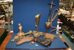 A quantity of miscellanea including Shisha pipe in copper and bronze, water bladder, brass bugle,