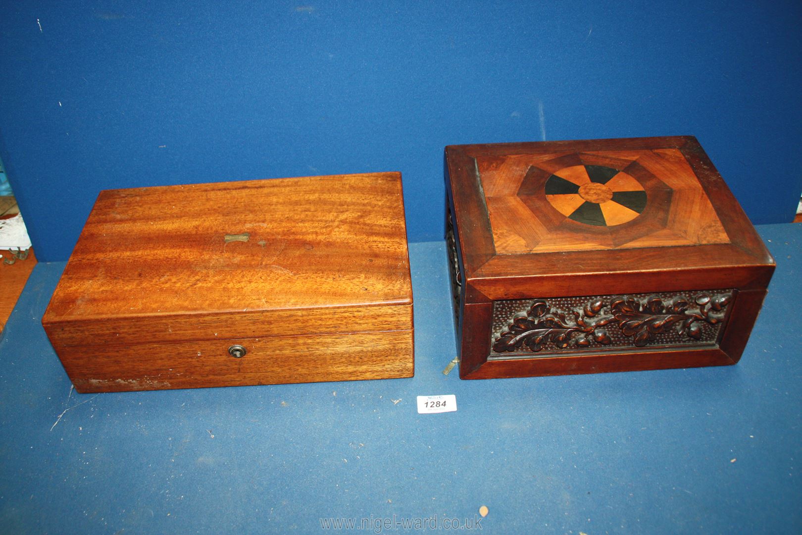 A carved wood Box with acorn detail to the panels, 11 1/2'' x 9'' x 5 1/4'' and a writing Box,