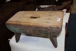 A small rustic partly painted wooden Footstool, 20 1/2'' x 10 1/2'' x 10'' tall.