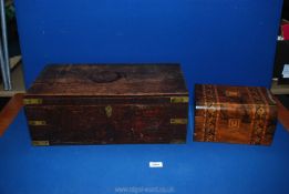 A pretty Tunbridge ware vanity box with tray 10" x 7" x 5 1/2" and a brass bound correspondence box