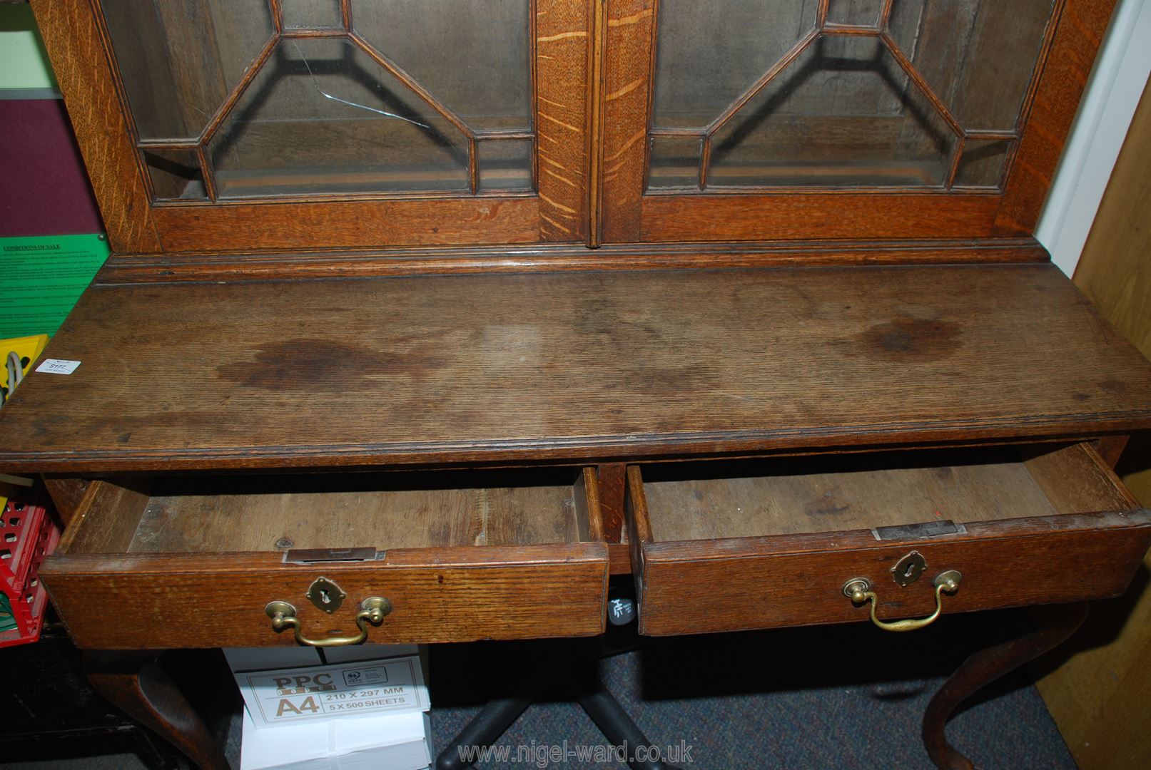 An unusual Oak Writing Table/Bookcase the table having two frieze drawers and standing on stylish - Image 3 of 3