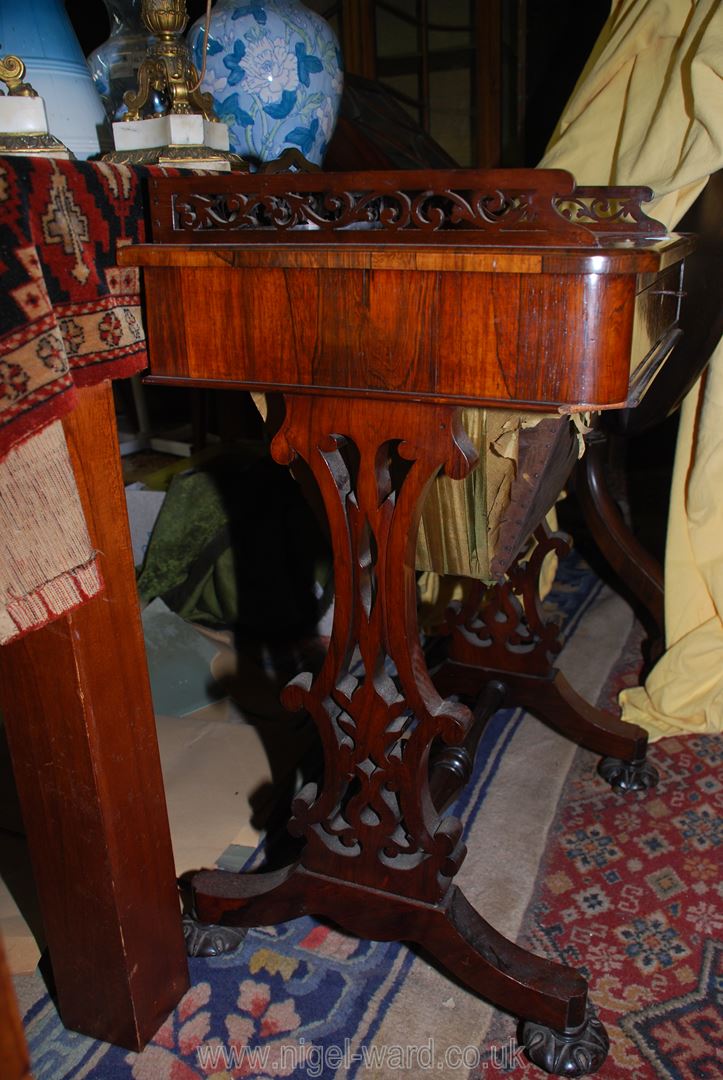 A fine Rosewood Workbox table, the top having an intricately fretworked upstand, - Image 4 of 4