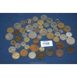 A quantity of foreign coins including 1835 half Annas, 1866 Jersey 1/13 shilling, 1844 cent, etc.