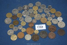 A quantity of foreign coins including 1835 half Annas, 1866 Jersey 1/13 shilling, 1844 cent, etc.