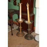 A pair of unusual brass/copper table lamps, 36" tall, being candlesticks converted to electric,