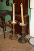 A pair of unusual brass/copper table lamps, 36" tall, being candlesticks converted to electric,