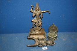 A brass and other metal Indian Deity, 11 1/2'' tall overall, brass Indian rider figure,