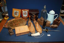 A quantity of miscellanea to include wooden shoe stretchers, blue enamel coffee pot, jewellery box,