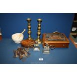A quantity of miscellanea including stationery tray, pestle and mortar, pair of brass candlesticks,