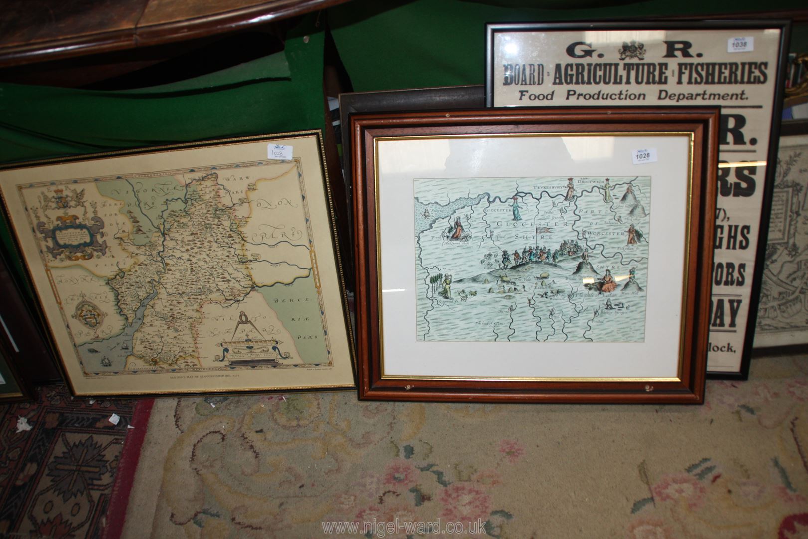 A framed Map of The Cotswolds by Michael Drayton and print of a Saxon's Map of Gloucestershire.