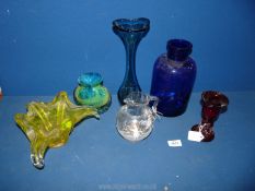 A quantity of glass including Mary Gregory jug, two M'dina style vases, Bristol Blue vase, etc.