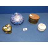 A quantity of trinket boxes including blue domed papier mache box, brass oval box, etc.