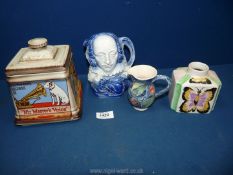 A small quantity of china including a character jug of William Shakespeare, modern tea caddy,