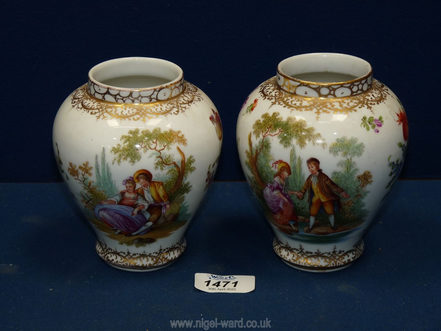 Two similar looking Dresden china vases gilded and hand painted with Victorian scenes 5 1/2" tall. - Image 2 of 3