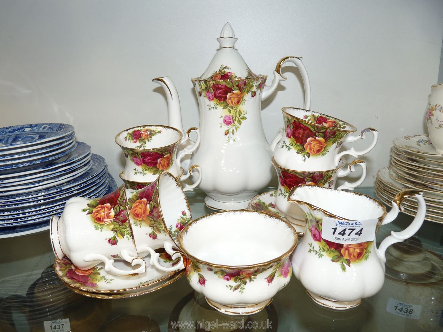 A Royal Albert Old Country Roses coffee set including 6 cups and 6 saucers, milk jug,