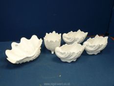 Four Coalport 'Country-ware' shell shaped bowls and a white ceramic Clam Shell.
