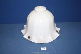 A white glass ceiling shade with fluted edge, 13 1/2'' diameter x 10'' tall.