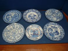 Six pieces of blue and white china including Mason's Patent ironstone soup bowl and tea plate,